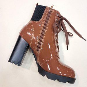 Cognac Patent Leather Zip Lace Up Platform Booties High chunky heel Size 6.5 New
